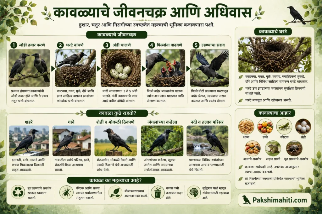 Crow life cycle, nest, eggs, chick development, habitat and diet infographic in Marathi