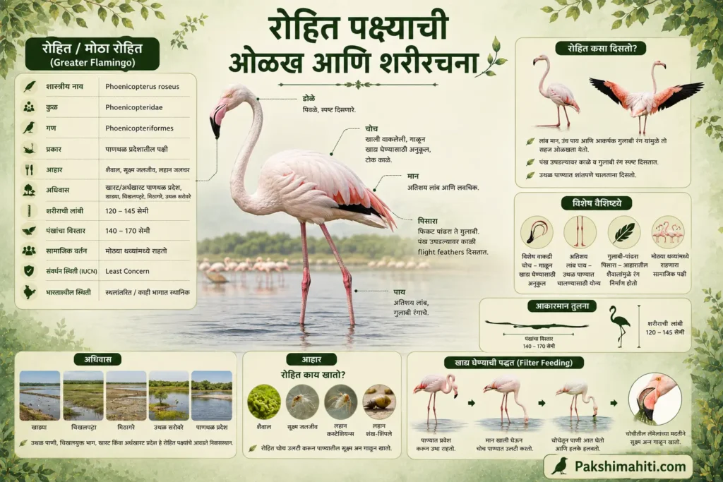 Greater Flamingo identification, body features, habitat and feeding adaptations infographic in Marathi.
