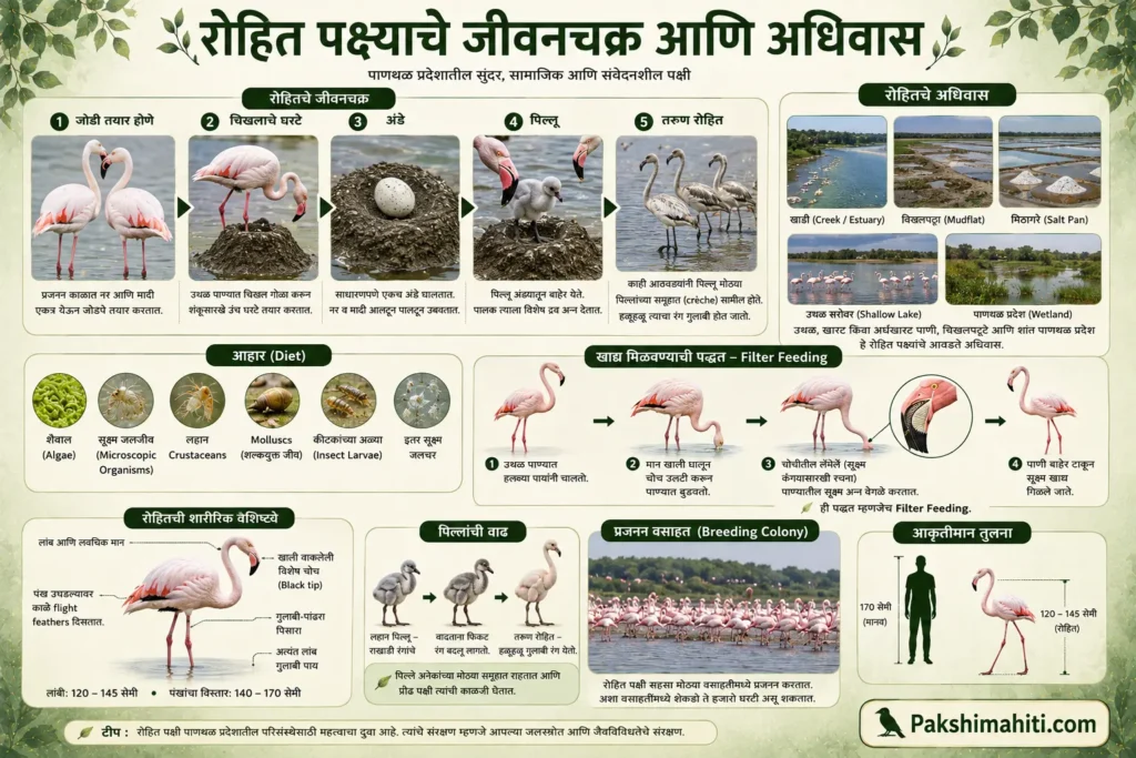 Flamingo life cycle, nesting, eggs, chicks, habitat and feeding behavior infographic in Marathi.