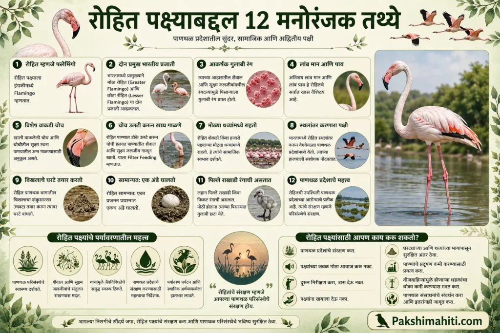 12 interesting facts about the Flamingo including its pink color, filter feeding, migration and conservation infographic in Marathi