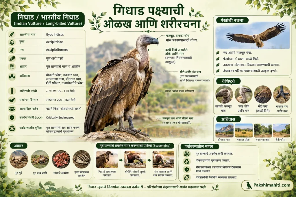Indian Vulture identification, body features, habitat, diet and key characteristics infographic in Marathi