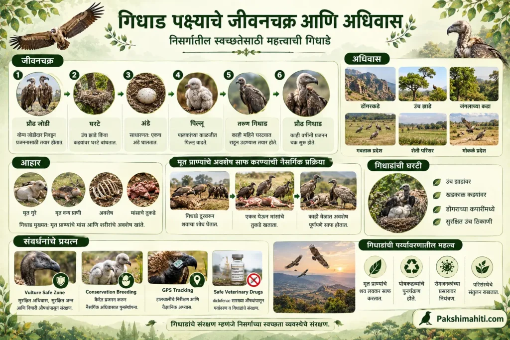 Vulture life cycle, nesting, eggs, chicks, habitat, diet and conservation infographic in Marathi