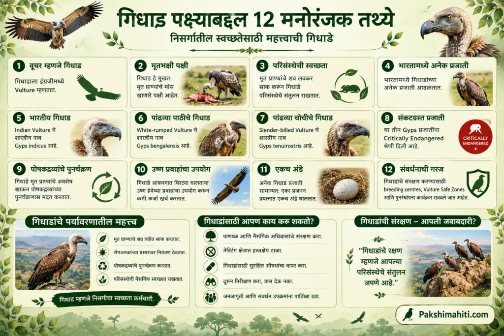 12 interesting facts about the Vulture including scavenging, ecological importance, threats and conservation infographic in Marathi