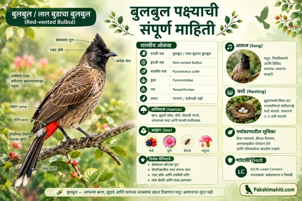 Red-vented Bulbul identification, body features, habitat, diet and characteristics infographic in Marathi