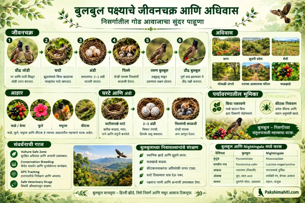 Red-vented Bulbul life cycle, nest, eggs, chicks, habitat and diet infographic in Marathi