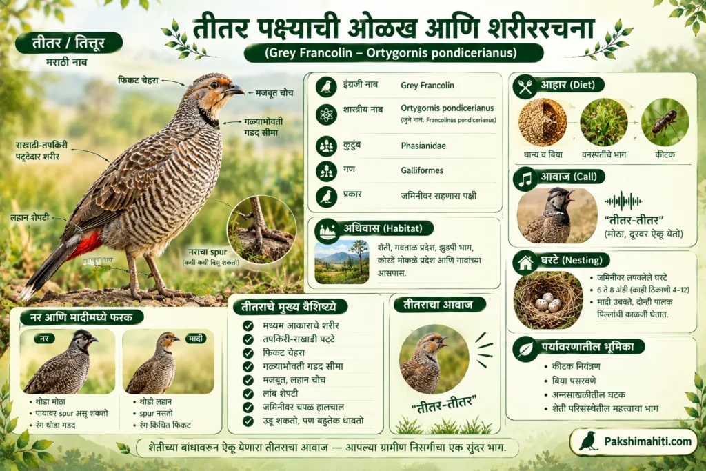 Grey Francolin Teetar bird identification, body features, habitat and diet infographic in Marathi