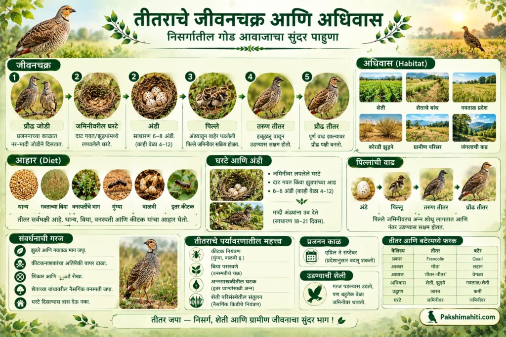 Grey Francolin Teetar life cycle, nest, eggs, chicks, habitat and breeding infographic in Marathi