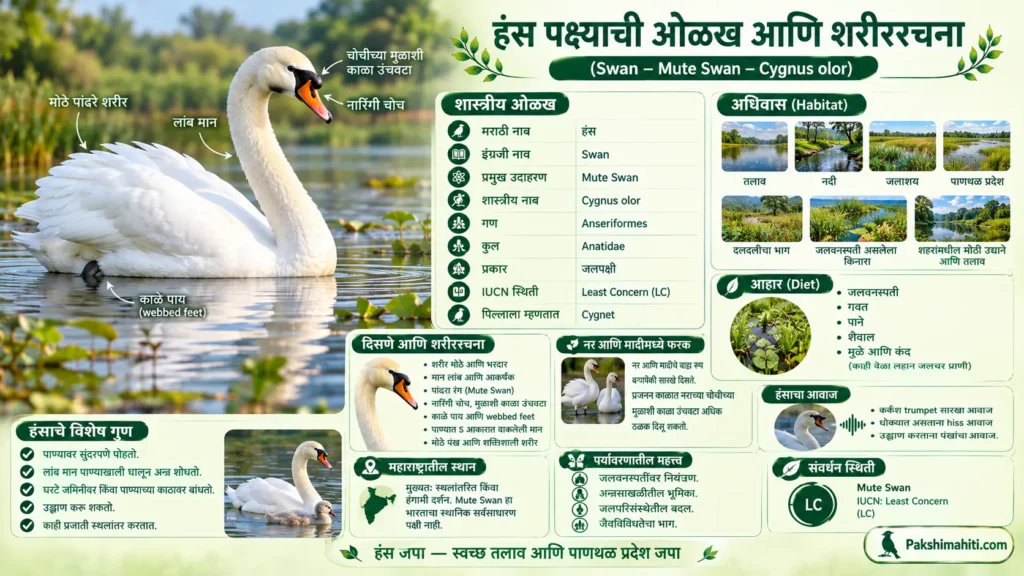 Swan Mute Swan bird identification, body features, habitat and diet infographic in Marathi
