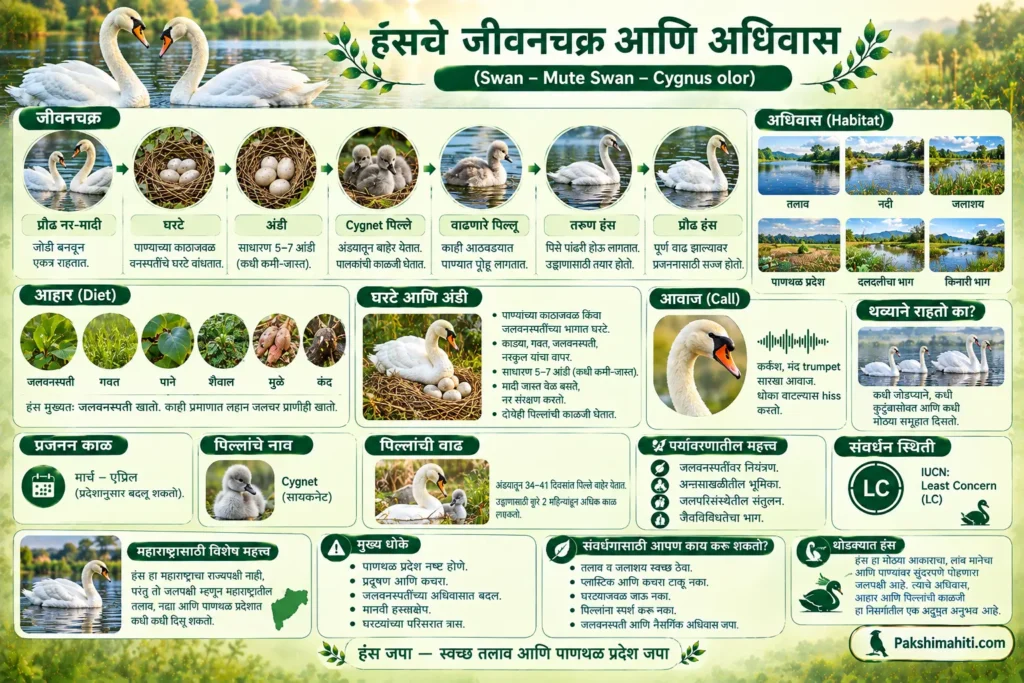 Text: Mute Swan life cycle, nest, eggs, cygnets, habitat and breeding infographic in Marathi