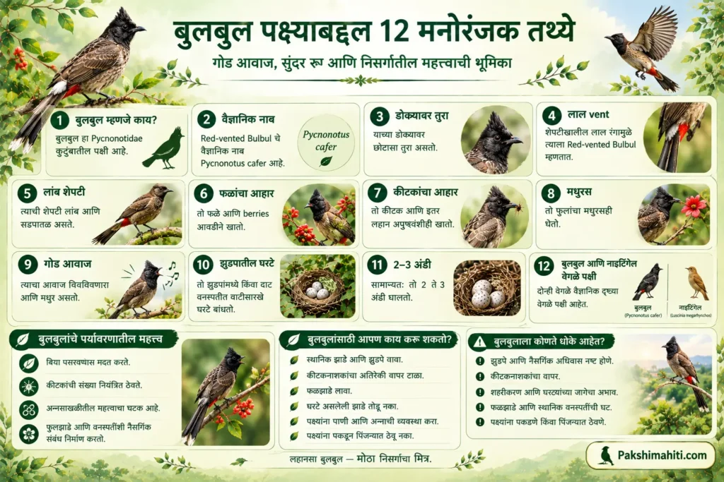 12 interesting facts about the Bulbul including its red vent, crest, diet, song and nesting infographic in Marathi.