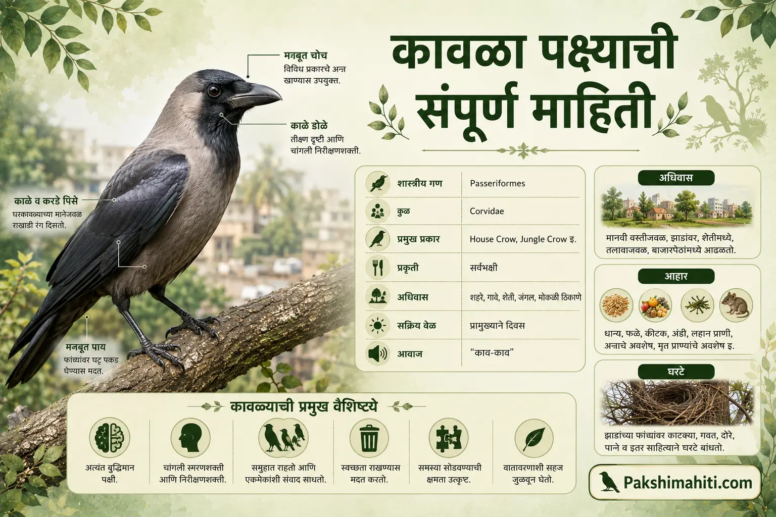 Crow bird identification, body features, habitat, diet and key characteristics infographic in Marathi.